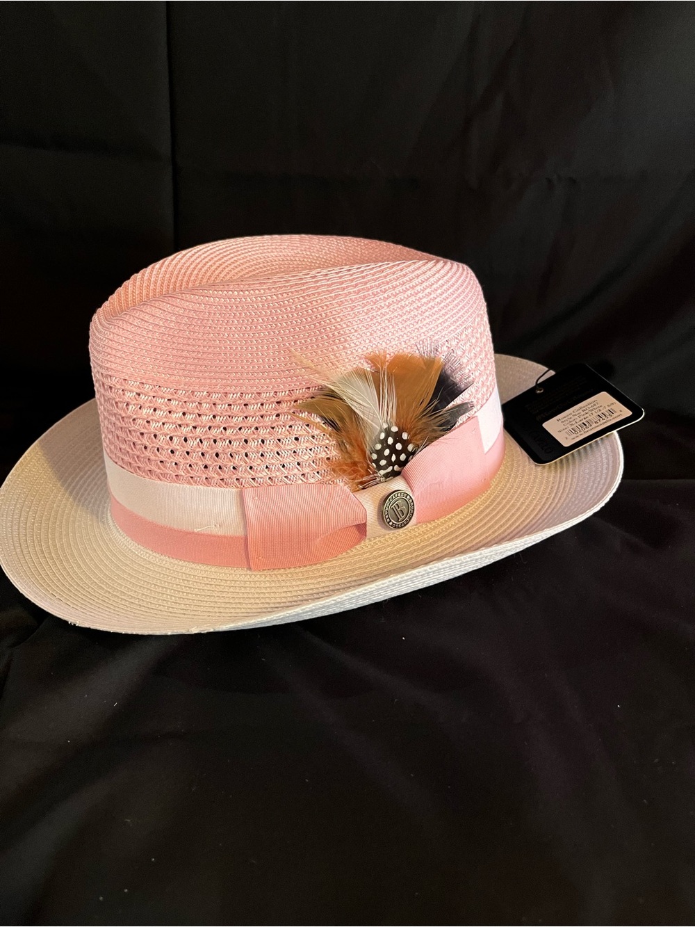 Pink and White Straw Trilby with Feather Accent